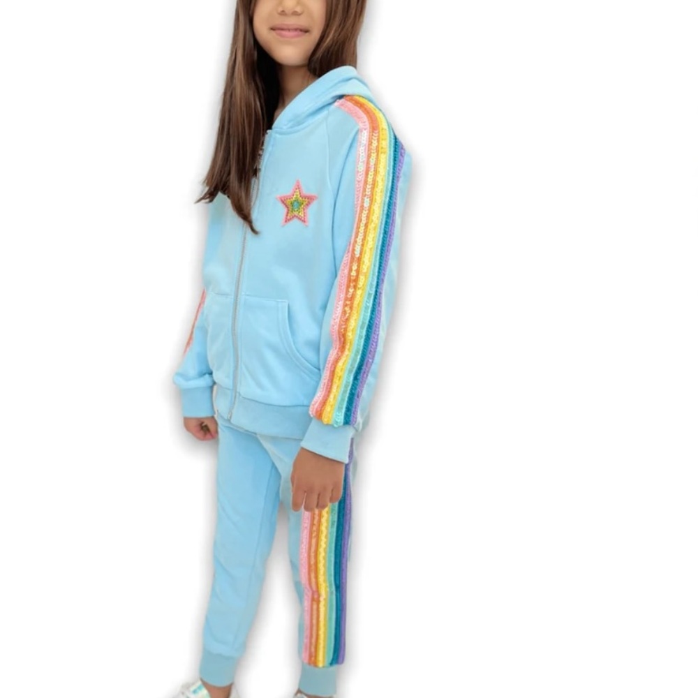 Lola + The Boys Blue Sweatpants with Rainbow Sequin Stripes